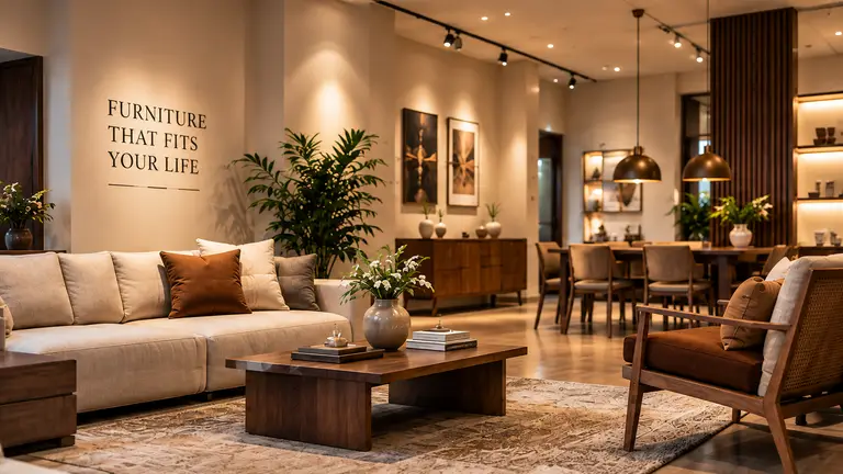 Soft ivory upholstery and warm timber furniture in a styled interior