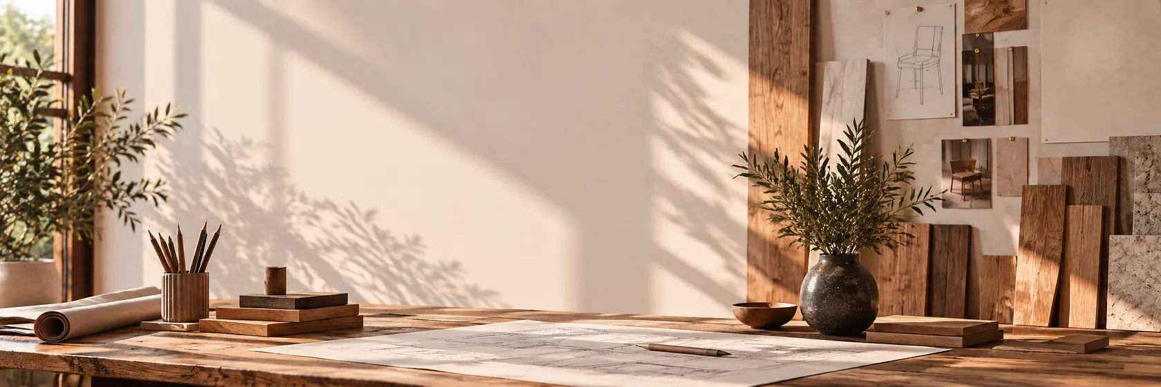 A sunlit New Galaxy Furniture workbench in Bengaluru — a blueprint, pencils and timber samples on a walnut table, with a design board of sketches and finishes on the wall.