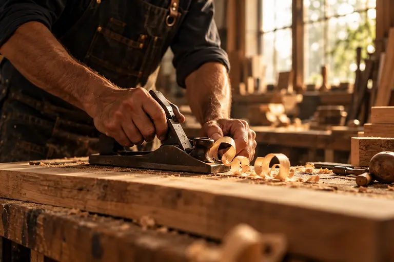 A craftsperson working a timber surface with a hand plane