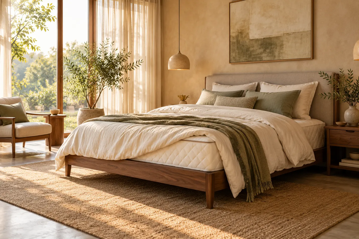 An illustrative warm bedroom with an ivory upholstered bed, linen bedding and walnut bedside furniture